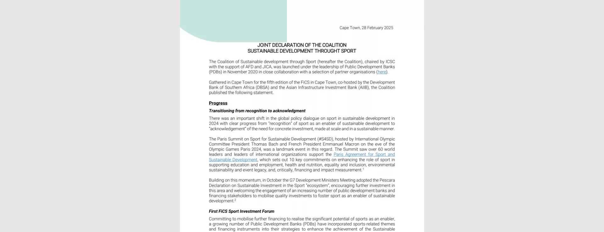 Preview of the JOINT DECLARATION OF THE COALITION SUSTAINABLE DEVELOPMENT THROUGHT SPORT